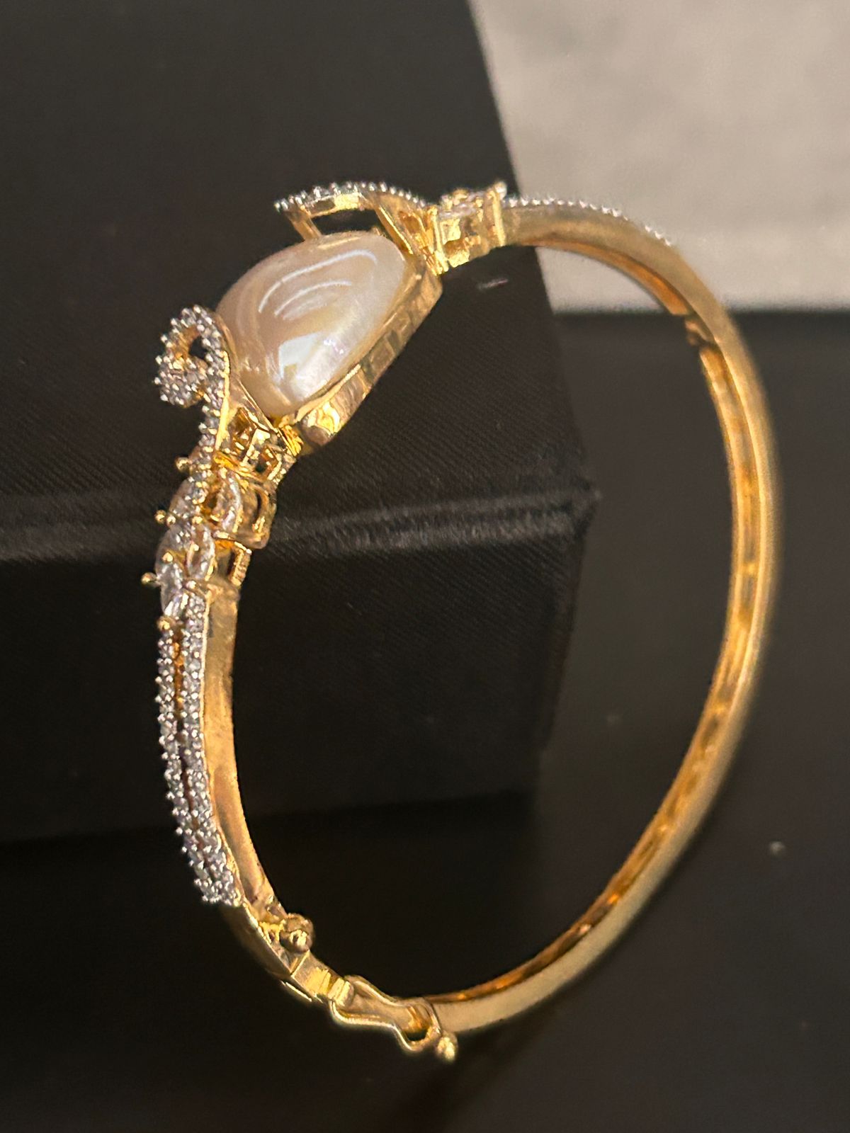 Golden Openable Bracelet with Pearl White Stone & CZ Detailing